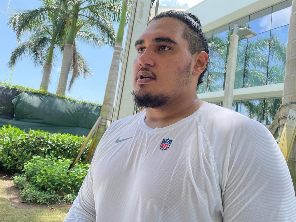 Brandon Pili, trying to make the Dolphins as an undrafted free-agent defensive lineman, speaks to reporters after practice.
