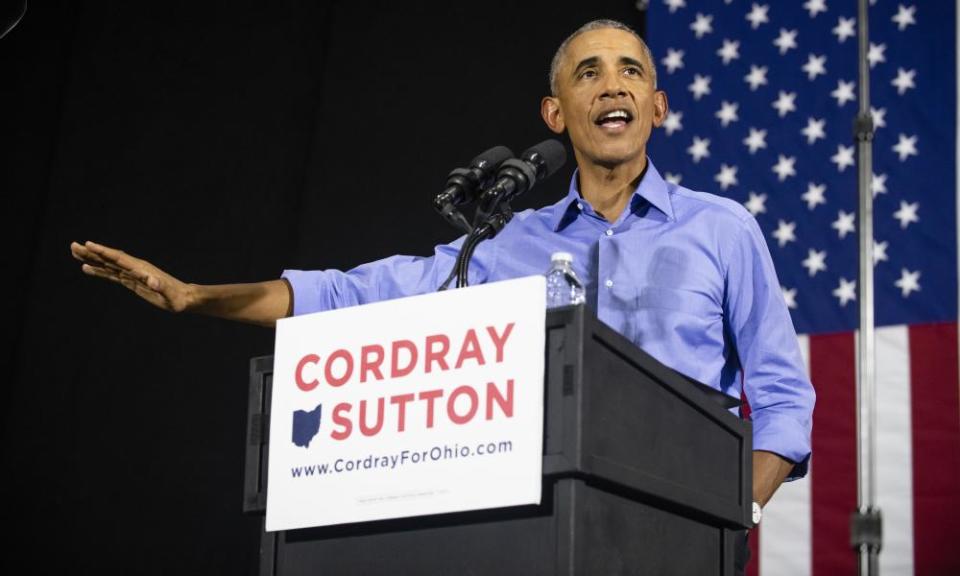 Barack Obama speaks during a campaign rally for Richard Cordray in Cleveland, Ohio. 