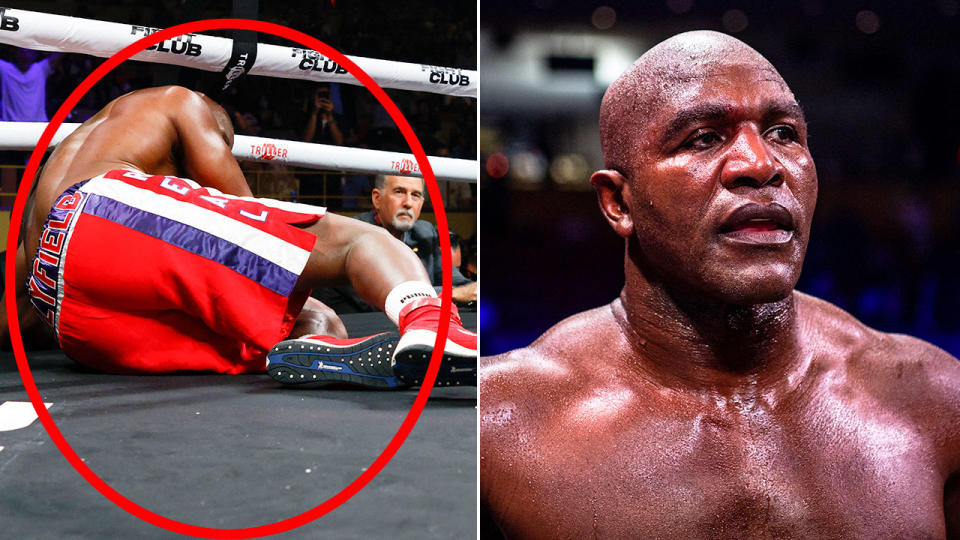 Pictured here, Evander Holyfield looks dejected after his 1st round TKO defeat to Vitor Belfort.