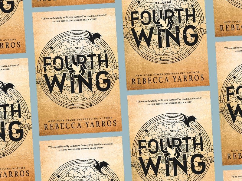 A collage of the book "Fourth Wing" by Rebecca Yarros.