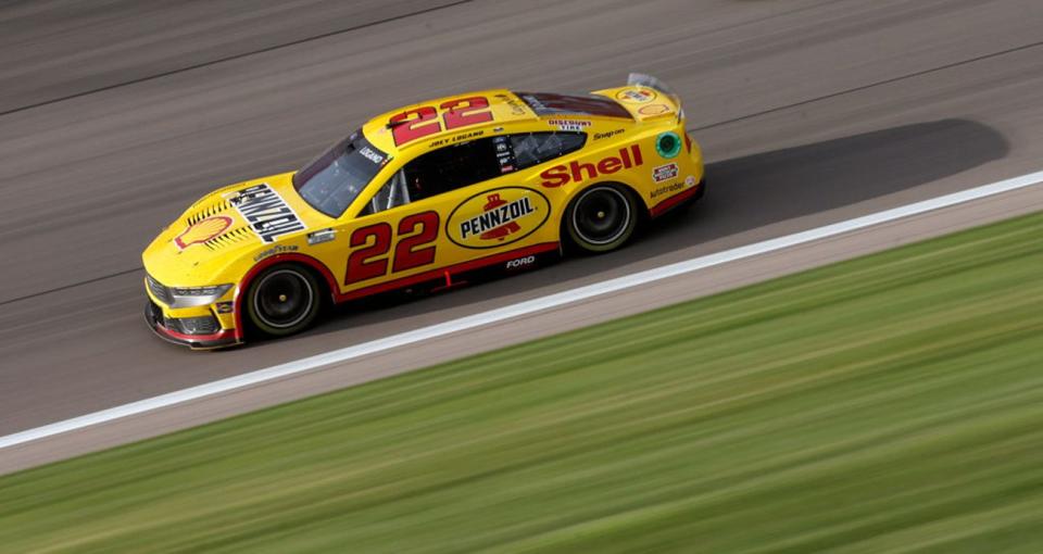 KANSAS CITY, KANSAS - MAY 05: Joey Logano, driver of the #22 Shell Pennzoil Ford, drives during the NASCAR Cup Series AdventHealth 400 at Kansas Speedway on May 05, 2024 in Kansas City, Kansas. (Photo by Sean Gardner/Getty Images)