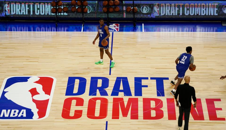 May 14, 2024; Chicago, IL, USA; Bronny James (50) participates in drills during the 2024 NBA Draft Combine at Wintrust Arena. Mandatory Credit: David Banks-USA TODAY Sports