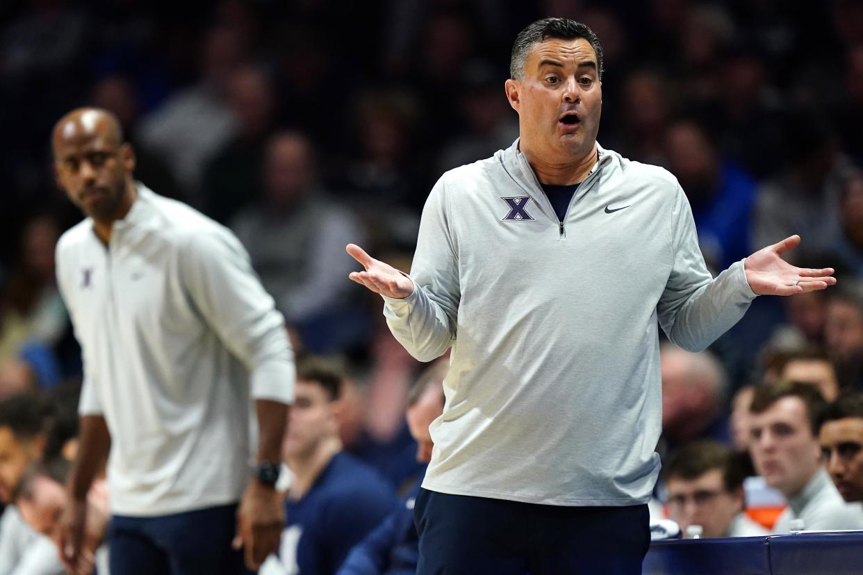 Xavier Musketeers head coach Sean Miller asks for an explanation of a call from a referee in the first half of a college basketball game between the St. John's Red Storm and the Xavier Musketeers, Wednesday, Jan. 31, 2024, at Cintas Center in Cincinnati. The Xavier Musketeers won, 88-77.