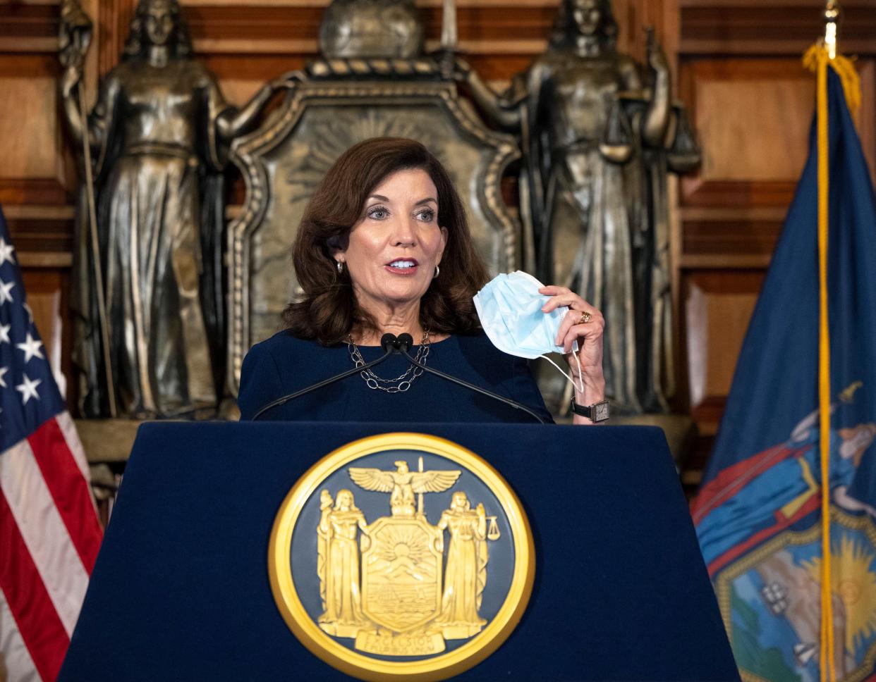 New York Gov. Kathy Hochul delivers a COVID-19 update in the Red Room at the State Capitol in Albany, New York on Wednesday, Sept. 15, 201.