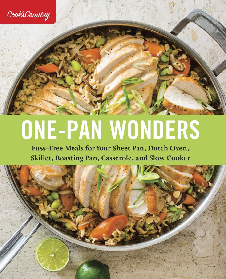 This image provided by America's Test Kitchen in September 2018 shows the cover for the cookbook “One-Pan Wonders.” It includes a recipe for pasta with sausage, kale and white beans. (America's Test Kitchen via AP)