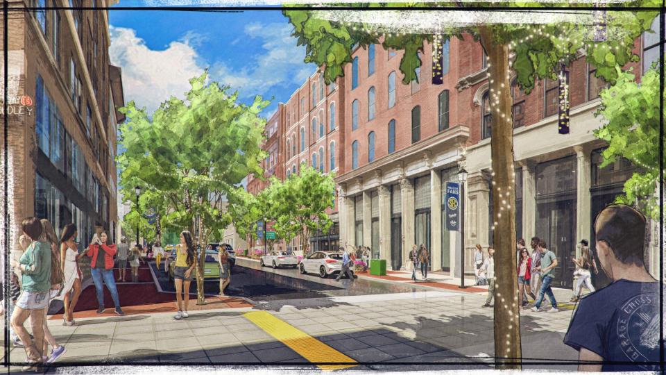 A conceptual rendering released by MDHA in May 2023 shows an updated streetscape with sidewalks and crosswalks on Second Avenue in Nashville, Tenn.