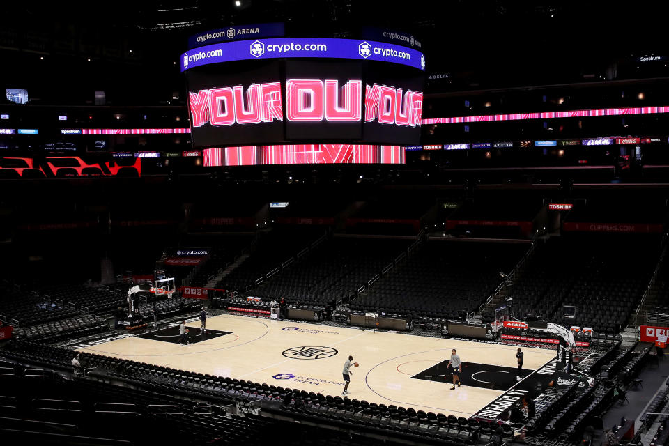 LOS ANGELES, CALIFORNIA - DECEMBER 26: A general view of the arena prior to the game between the Los Angeles Clippers and the Denver Nuggets at Crypto.com Arena on December 26, 2021 in Los Angeles, California. NOTE TO USER: User expressly acknowledges and agrees that, by downloading and/or using this Photograph, user is consenting to the terms and conditions of the Getty Images License Agreement. (Photo by Katelyn Mulcahy/Getty Images)