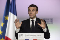 French President Emmanuel Macron, delivers a speech during a press conference a part of his visit in Mulhouse, eastern France, Tuesday, Feb. 18, 2020. Macron said Tuesday he was determined to fight against "Islamist separatism" but also "discrimination ». (AP Photo/Jean-Francois Badias, Pool)