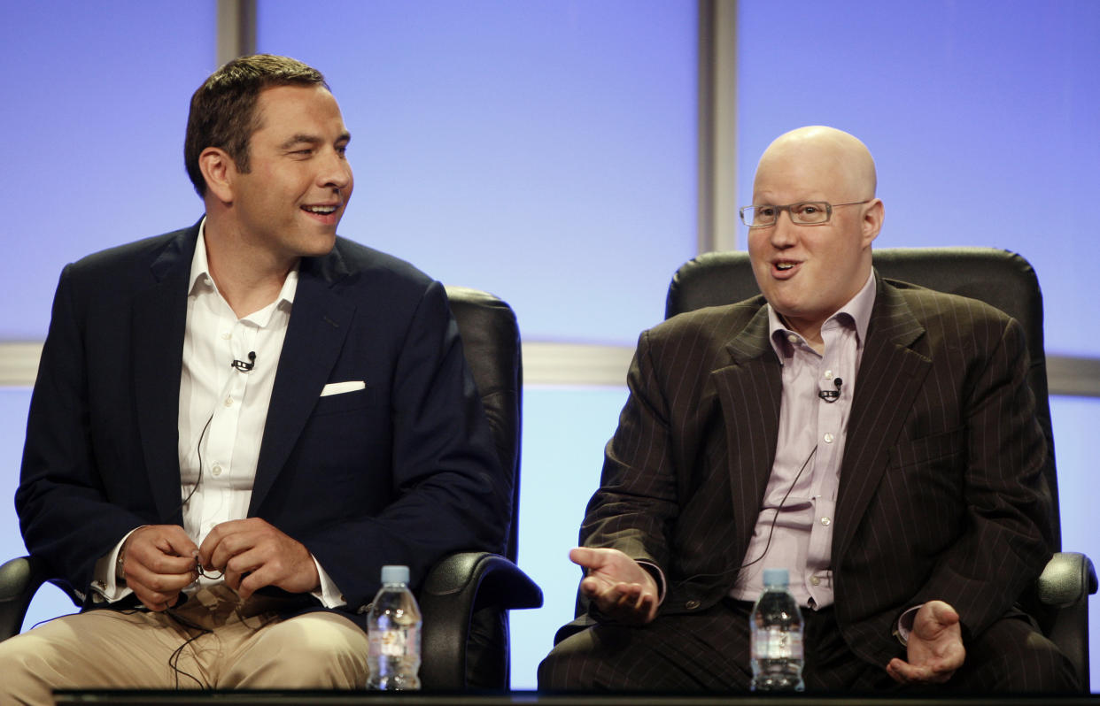 Actors, writers, and executive producers David Walliams, left, and Matt Lucas, from the upcoming HBO comedy series "Little Britain USA",  speak during the Television Critics Association summer press tour in Beverly Hills, Calif. on Thursday, July 10, 2008.  (AP Photo/ Matt Sayles)