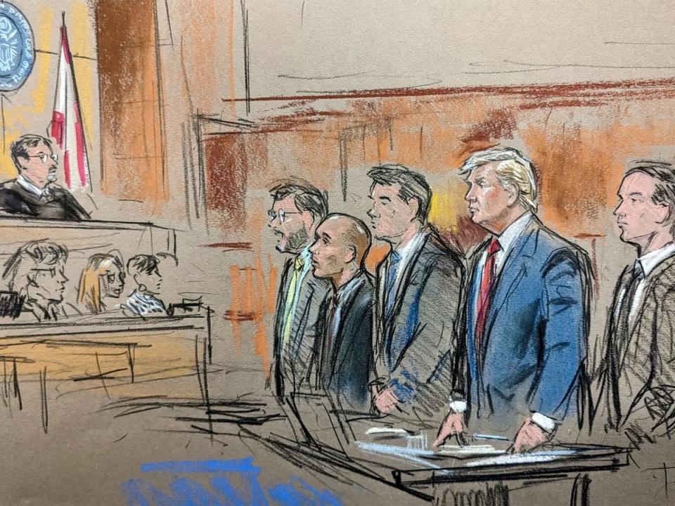 An arraignment courtroom sketch of Donald Trump provoked howls of outrage on social media (William J Hennessy Jr.)