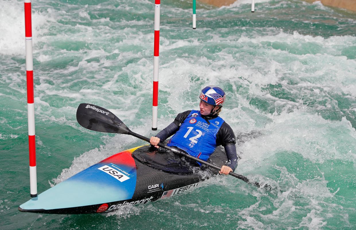 Evy Leibfarth competes in the second heat of the women's kayak Friday during 2024 Olympic Team Trials for Canoe/Kayak Slalom and Kayak Cross at the Riversport OKC Whitewater Center.