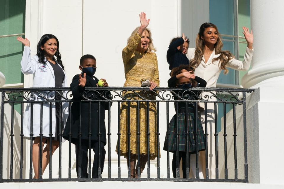 Jill Biden, Ciara and her children and Hina Talib (L) at the White House. - Credit: AP