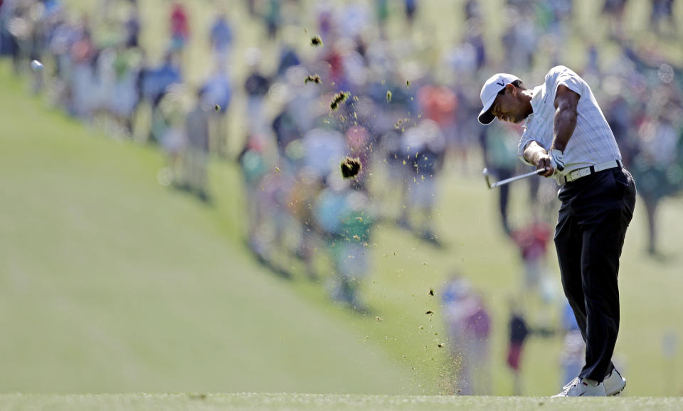 <p>Tiger Woods hits off the first fairway during the third round of the Masters golf tournament Saturday, April 7, 2012, in Augusta, Ga. (AP Photo/Chris O’Meara) </p>