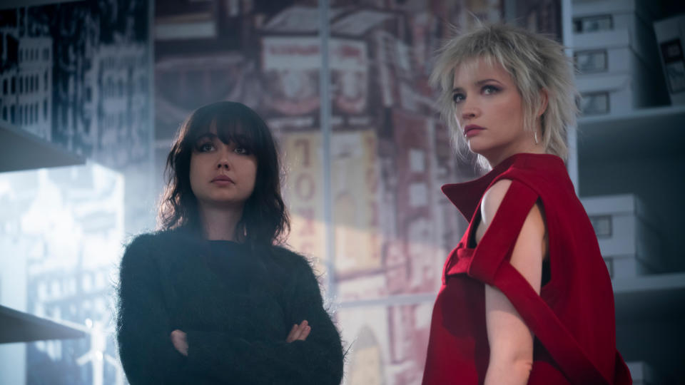 Sydney Chandler as Chrissie Hynde and Talulah Riley as Vivienne Westwood in Danny Boyle's drama Pistol. (Disney)