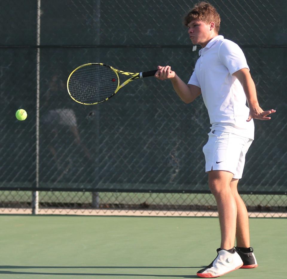 Mason High School's  Bailan Kerr returns a serve during the Class 2A boys doubles finals at the UIL State Tennis Tournament in San Antonio on Wednesday, April 27, 2022. His partner was Jay Ahlschwede.