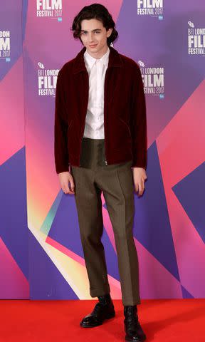 <p>John Phillips/John Phillips/Getty</p> Timothee Chalamet attends a photocall for "Call Me By Your Name" during the 61st BFI London Film Festival on October 9, 2017.