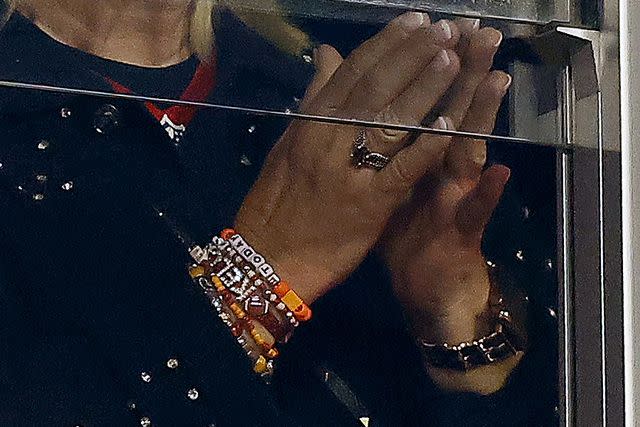 <p>David Eulitt/Getty </p> Donna Kelce's Today show friendship bracelet