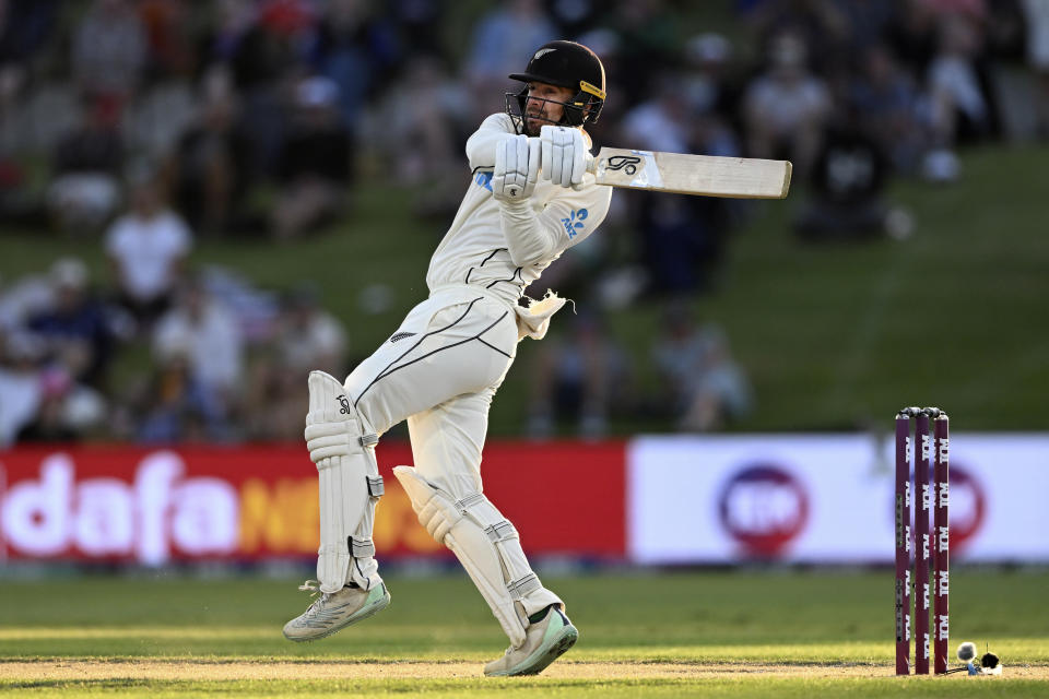 New Zealand's Tom Blundell bats against England on the second day of their cricket test match in Tauranga, New Zealand, Friday, Feb. 17, 2023. (Andrew Cornaga/Photosport via AP)