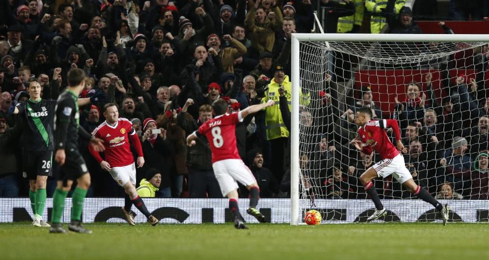 Football Soccer - Manchester United v Stoke City - Barclays Premier League - Old Trafford - 2/2/16 Jesse Lingard celebrates scoring the first goal for Manchester United Reuters / Phil Noble Livepic EDITORIAL USE ONLY. No use with unauthorized audio, video, data, fixture lists, club/league logos or "live" services. Online in-match use limited to 45 images, no video emulation. No use in betting, games or single club/league/player publications. Please contact your account representative for further details.