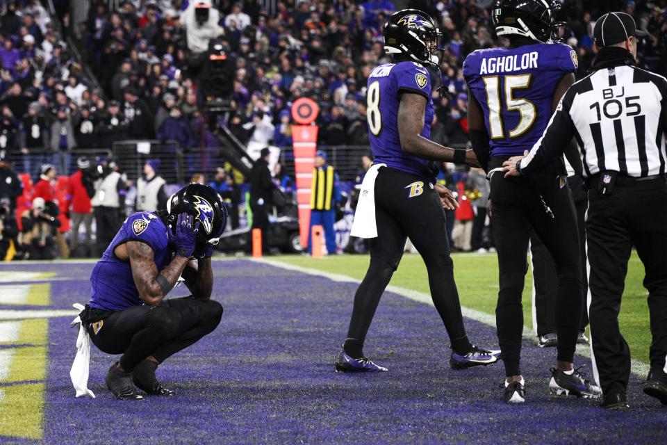 Baltimore Ravens wide receiver Zay Flowers (4) reacts after a fumble into the end zone for a touchback against the Kansas City Chiefs during the second half of the AFC Championship NFL football game, Sunday, Jan. 28, 2024, in Baltimore. (AP Photo/Nick Wass)