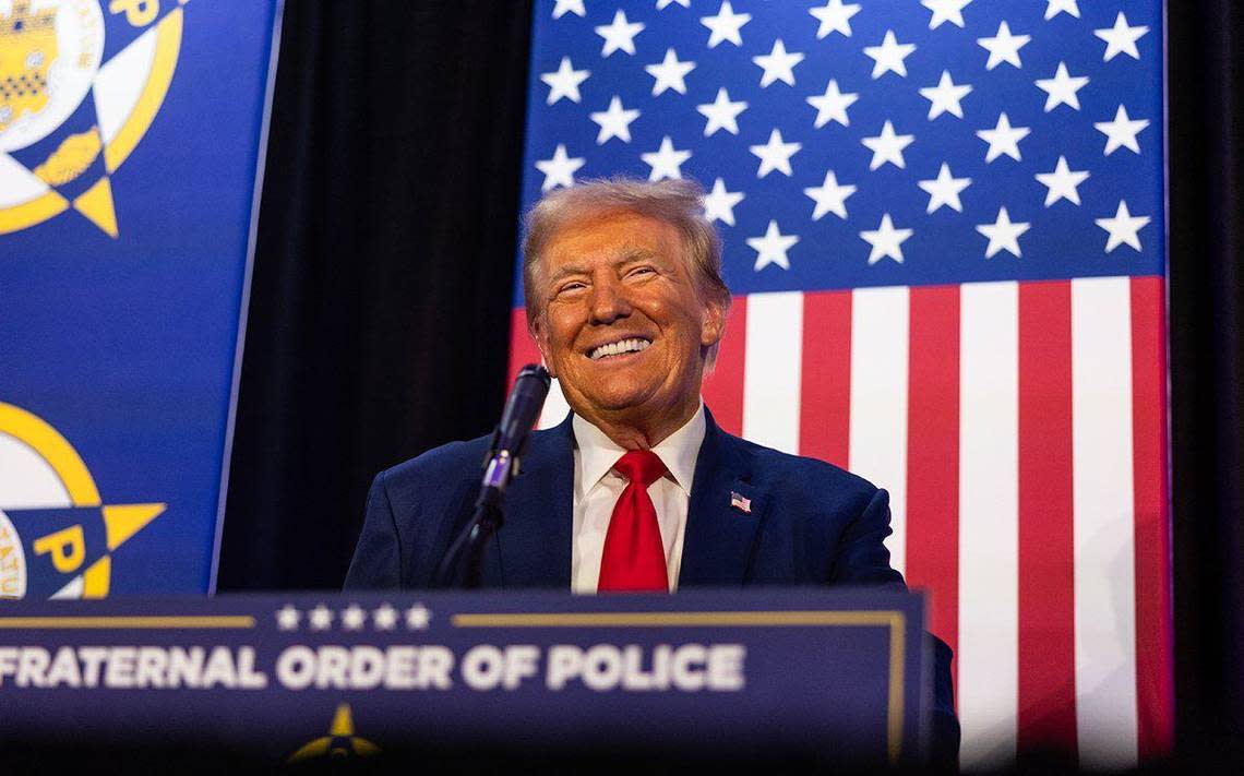 Former President Donald Trump gives remarks to the Fraternal Order of Police in Charlotte, N.C., on Friday, September 6, 2024.