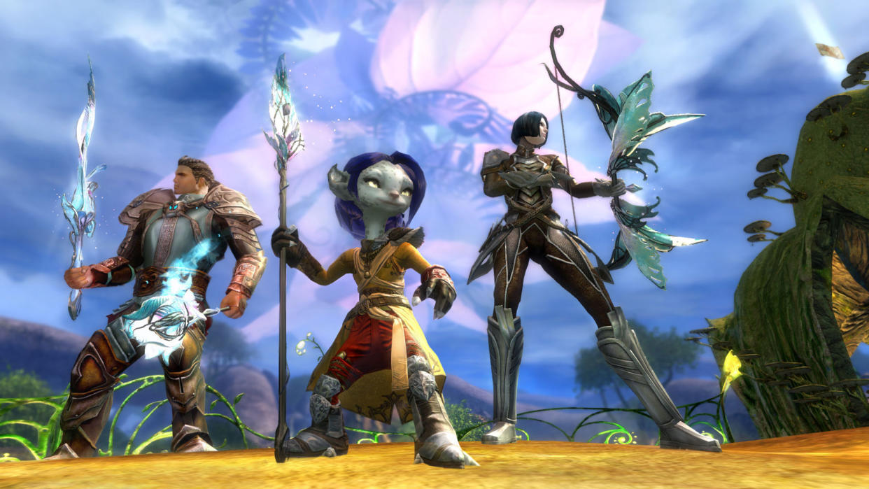  Three player characters in in Guild Wars 2 standing side by side 