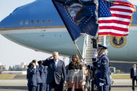 <p>President Donald Trump, left, and first lady Melania Trump arrive at Yokota Air Base, Sunday, Nov. 5, 2017, in Fussa, on the outskirts of Tokyo, Japan. Trump is on a five country trip through Asia traveling to Japan, South Korea, China, Vietnam and the Philippines. (Photo: Andrew Harnik/AP) </p>