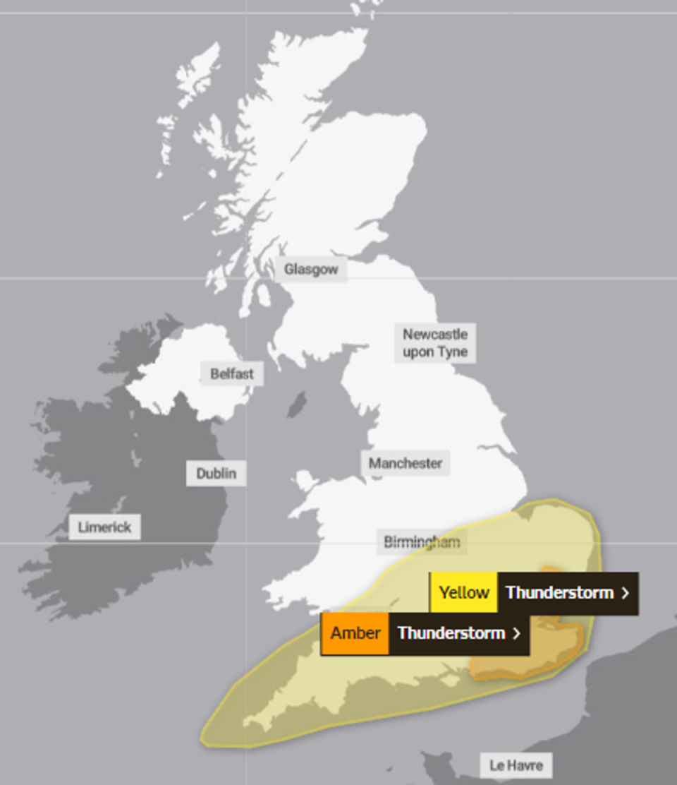 Large parts of southern England face yellow and amber weather warnings for flooding (Met Office)