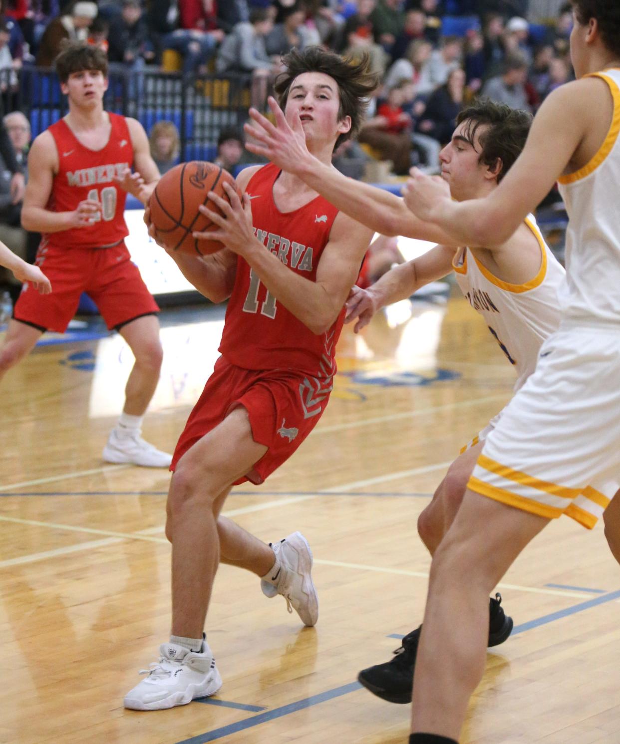 Connor Shingleton (with ball), shown here during a game against East Canton last week, helped lead Minerva to a win over West Branch on Monday.