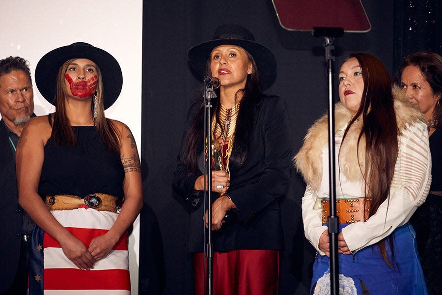 Creators of "Women of the White Buffalo" accept their Red Nation Award for Best Documentary Feature. From left: A Martinez, Delacina Chief Eagle, Deborah Anderson, Sun Rose Iron Shell and Joanne Shenandoah.