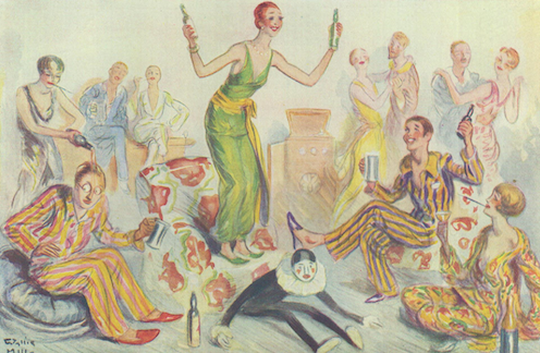 <span class="caption">First panel of The Freak Merchants or, the Bright Young People by Arthur Wallis Mills, published in Punch (1930).</span> <span class="attribution"><span class="source">Courtesy of Keele University</span></span>