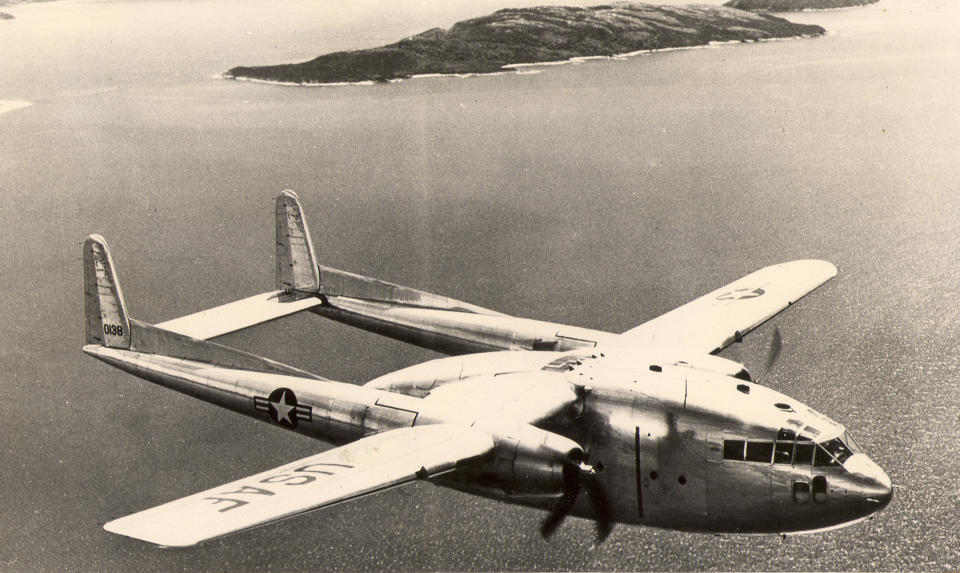 An Air Force C-119 "Flying Boxcar," once considered the workhorse of the Air Force Reserve, was part of the Continental Air Command's first Airlift Rodeo on Oct. 5, 1956. The aircraft pictured is similar to one that disappeared over the Bermuda Triangle in 1965. (U.S. Air Force file photo)