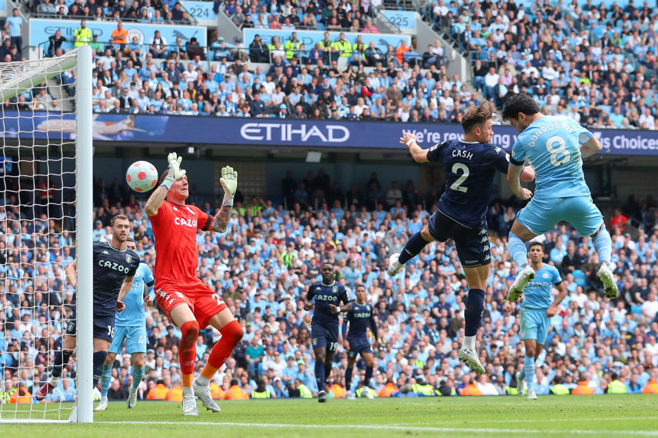 MANCHESTER, ENGLAND - MAY 22: Ilkay Gundogan of Manchester City scores a goal to make it 1-2 during the Premier League match between Manchester City and Aston Villa at Etihad Stadium on May 22, 2022 in Manchester, United Kingdom. (Photo by Robbie Jay Barratt - AMA/Getty Images)