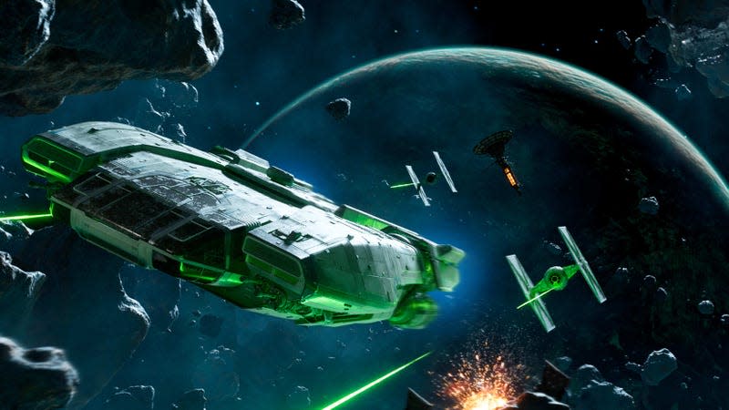 A cruiser draws laser fire from distant TIE Fighters.