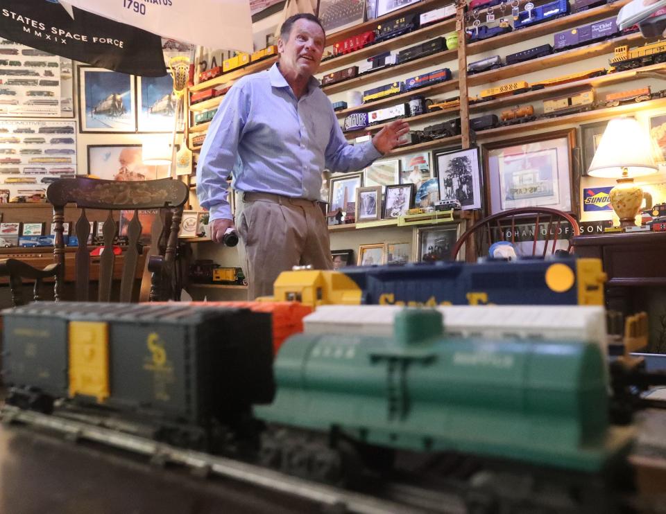 Florida East Coast Christian School Chancellor Bob Vaeth in the train room, Wednesday, Feb. 1, 2023. Trains are a big theme at the new private school in Ormond Beach.