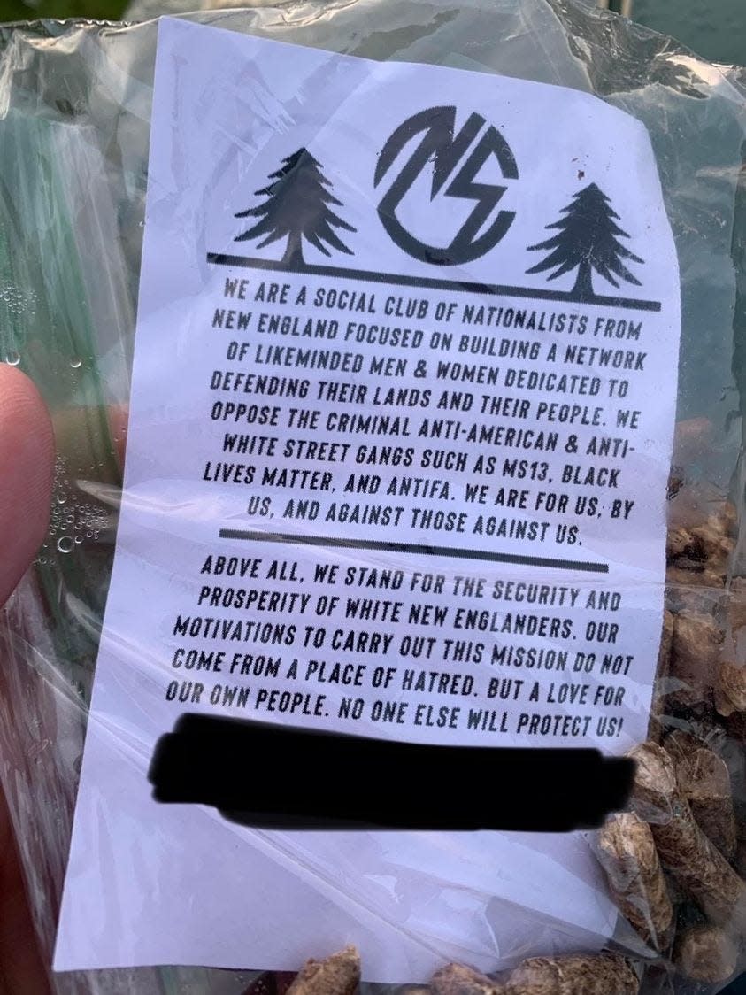 The Plymouth Police Department this image of a flyer from white supremacist hate group Nationalist Social Club 131 that were recently distributed in neighborhoods throughout Plymouth.