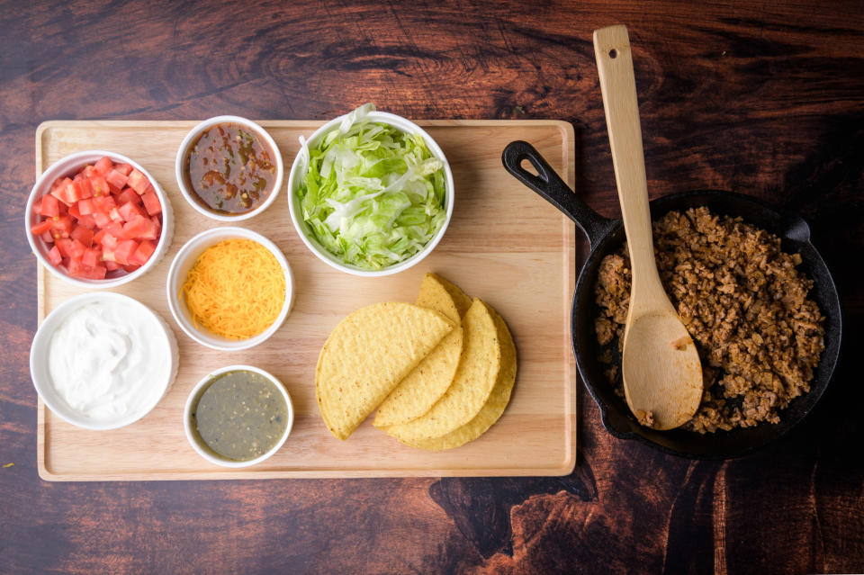 Ingredients for tacos with hard shells.