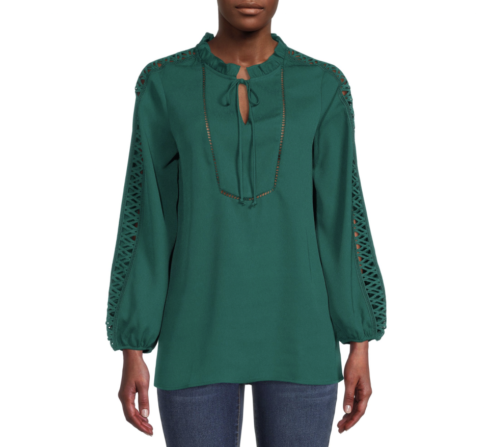 The Pioneer Woman Ruffle Collar Blouse with Lace Trim