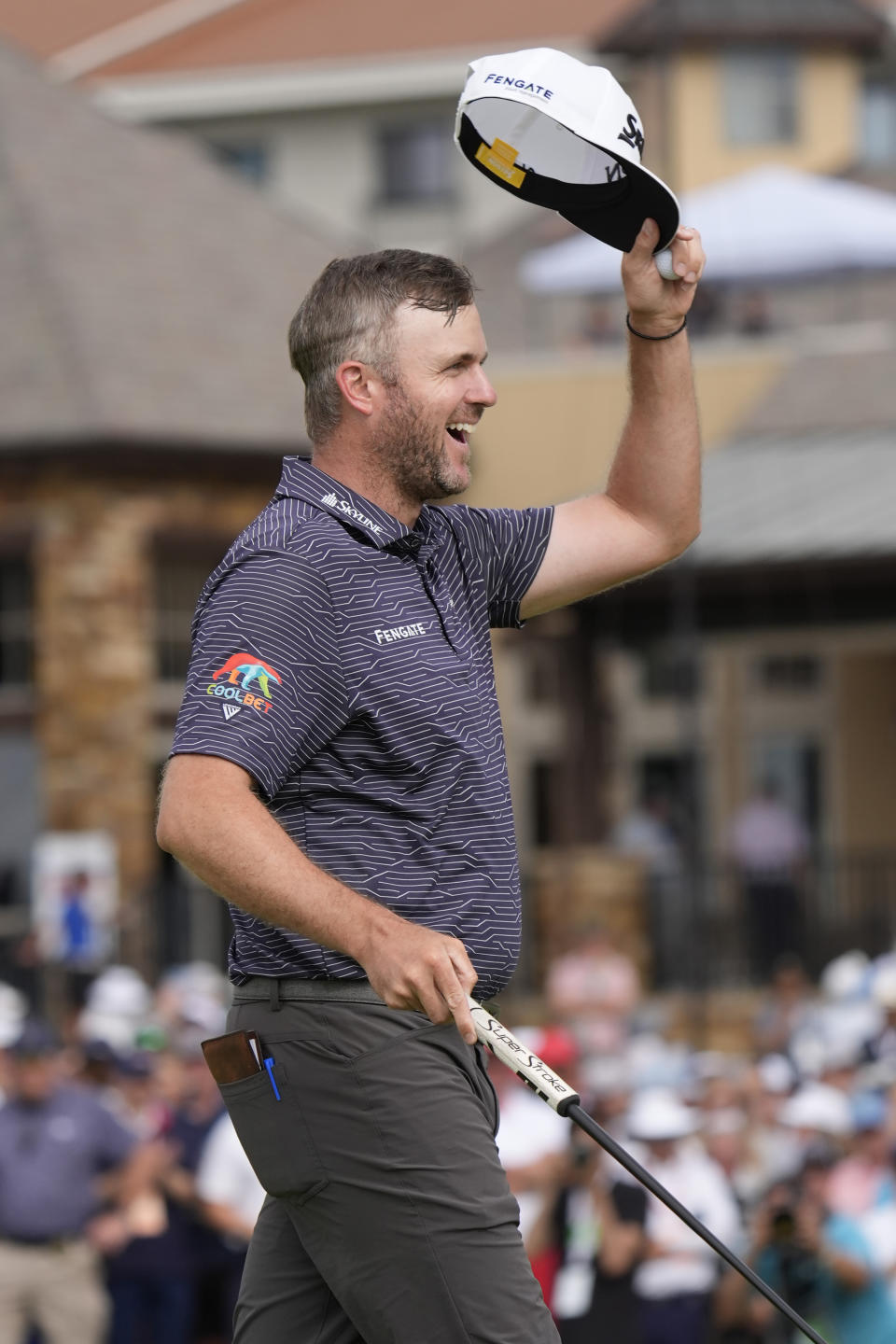 Taylor Pendrith reacts after sinking his putt on the 18th hole to win the Byron Nelson golf tournament in McKinney, Texas, Sunday, May 5, 2024. (AP Photo/LM Otero)