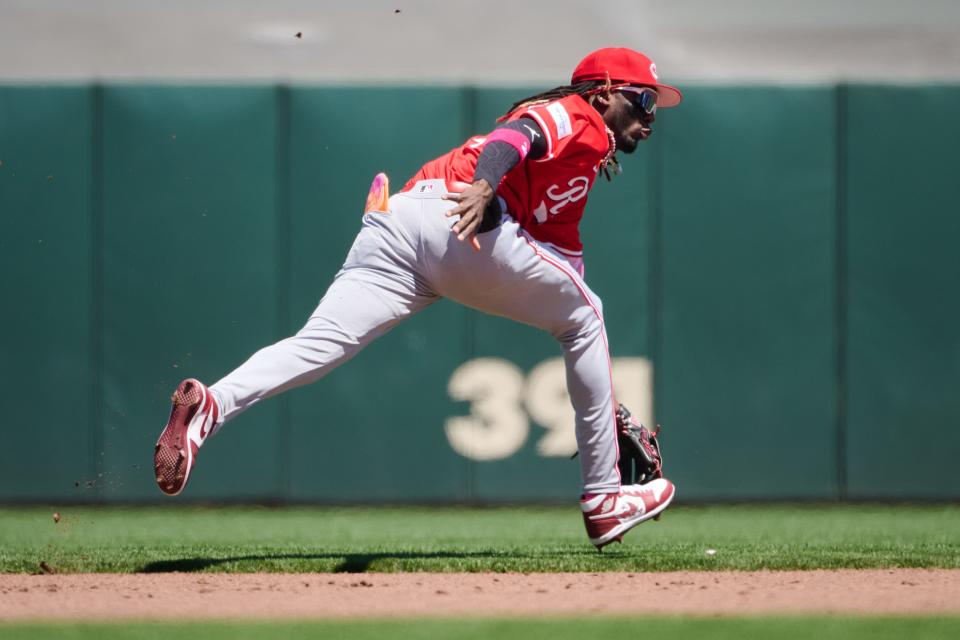 May 12, 2024; San Francisco, California, USA; Cincinnati Reds infielder Elly De La Cruz (44) runs to field a ground ball against the San Francisco Giants during the fourth inning at Oracle Park.
