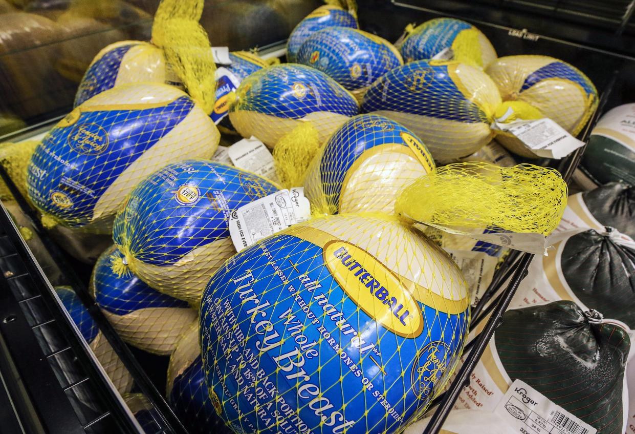 Frozen turkeys are displayed Nov. 1 at a Kroger grocery store in Buckner, Missouri.