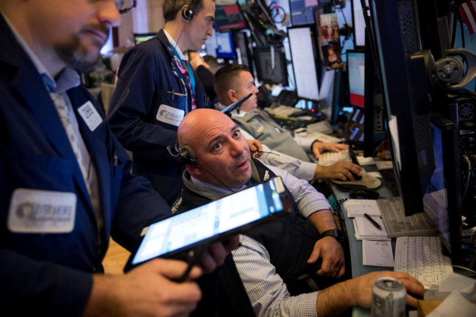 NEW YORK, March 5, 2020 -- Traders work at New York Stock Exchange in New York, the United States, on March 5, 2020. U.S. stocks plunged in choppy trading on Thursday. The Dow Jones Industrial Average dropped 969.58 points, or 3.58 percent, to 26,121.28. The S&P 500 fell 106.18 points, or 3.39 percent, to 3,023.94. The Nasdaq Composite Index erased 279.49 points, or 3.10 percent, to 8,738.60. (Photo by Michael Nagle/Xinhua via Getty) (Xinhua/Michael Nagle via Getty Images)