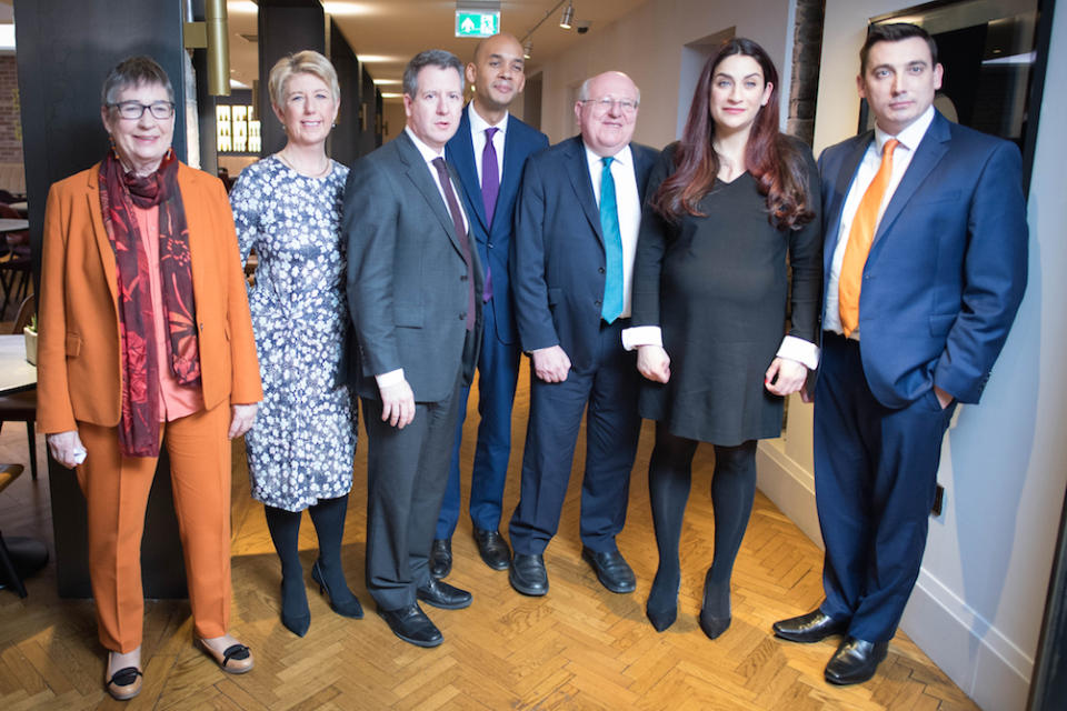 Labour MPs (left to right) Ann Coffey, Angela Smith, Chris Leslie, Chuka Umunna, Mike Gapes, Luciana Berger and Gavin Shuker after they announced their resignations (Picture: PA)