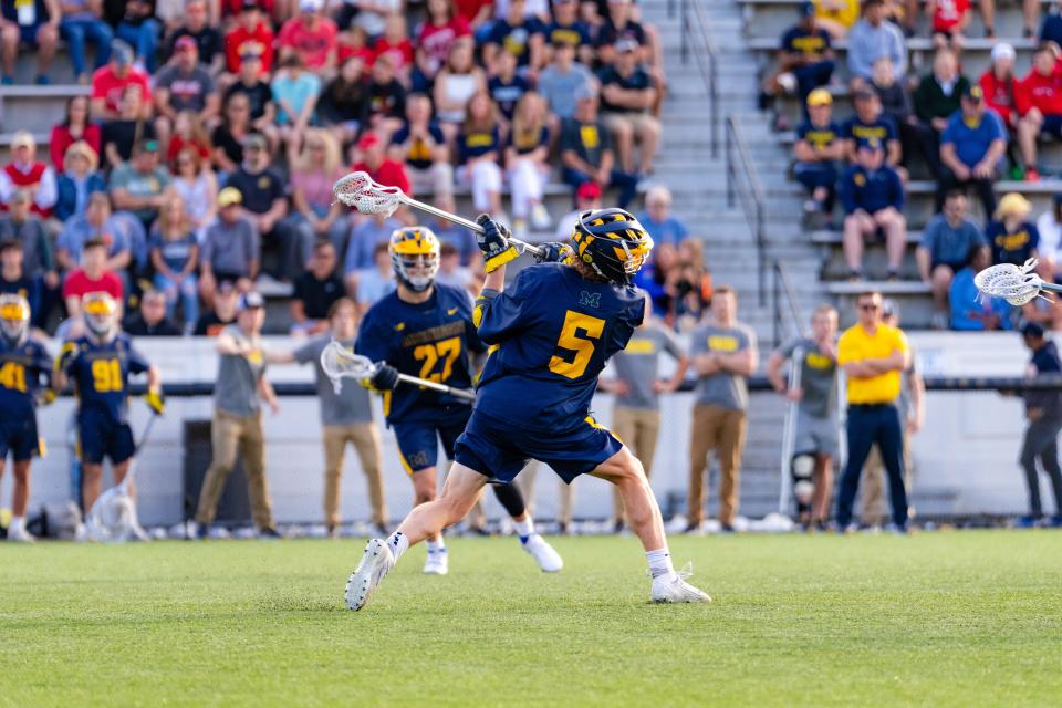 Michigan attacker Michael Boehm rips a shot in the Big Ten lacrosse tournament championship against Maryland on May 6 at Homewood Field in Baltimore, Maryland