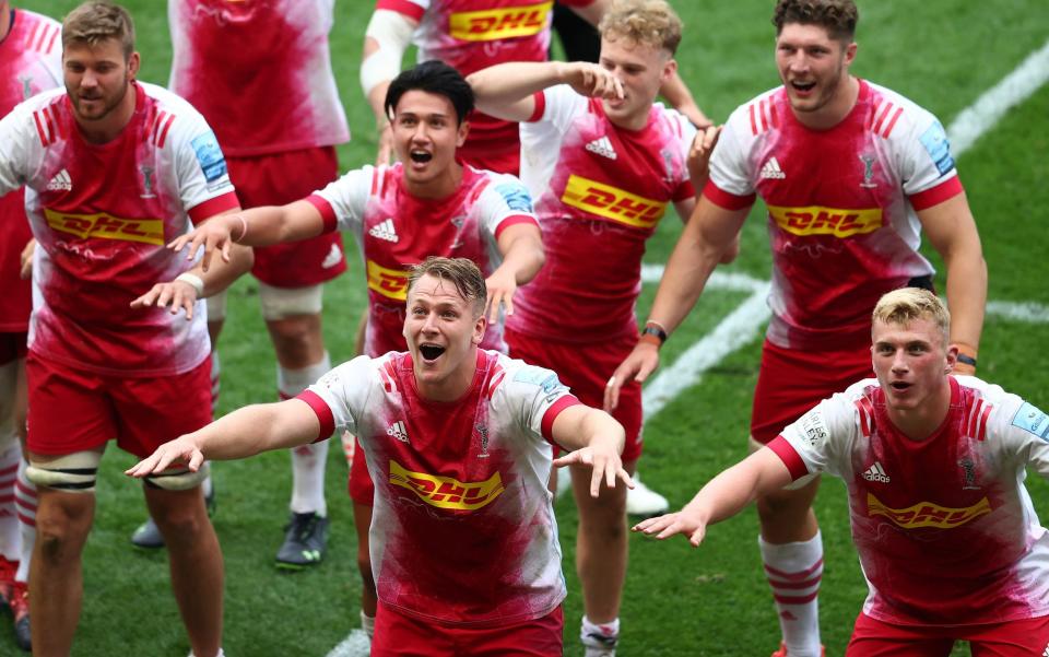 Harlequins celebrate after their stunning comeback against Bristol at Ashton Gate - GETTY IMAGES