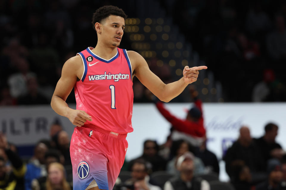 WASHINGTON, DC – MARCH 28: Johnny Davis #1 of the Washington Wizards celebrates against the <a class="link " href="https://sports.yahoo.com/nba/teams/boston/" data-i13n="sec:content-canvas;subsec:anchor_text;elm:context_link" data-ylk="slk:Boston Celtics;sec:content-canvas;subsec:anchor_text;elm:context_link;itc:0">Boston Celtics</a> during the first half at Capital One Arena on March 28, 2023 in Washington, DC. NOTE TO USER: User expressly acknowledges and agrees that, by downloading and or using this photograph, User is consenting to the terms and conditions of the Getty Images License Agreement. (Photo by Patrick Smith/Getty Images)