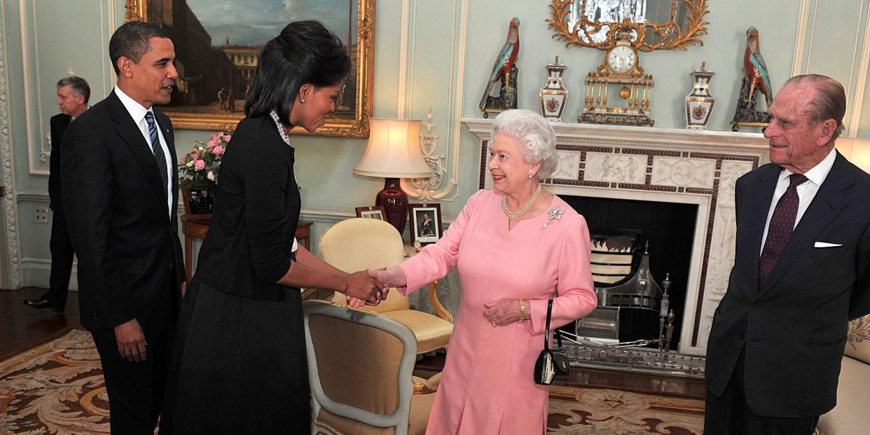 Former US President, Barack Obama and First Lady, Michelle Obama, meet Queen Elizabeth II and Prince Philip, Duke of Edinburgh in April 2009.