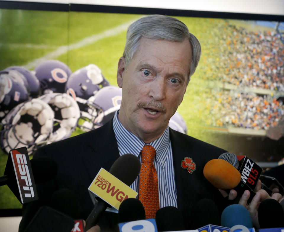 FILE - Chicago Bears chairman George H. McCaskey talks to reporters after an end of season NFL football news conference with coach John Fox and general manager Ryan Pace, Jan. 4, 2017, in Lake Forest, Ill. McCaskey simply could not ignore the Bears' record, no matter how much he and the rest of his family that owns the team enjoyed having general manager Ryan Pace and coach Matt Nagy around. (AP Photo/Charles Rex Arbogast, File)