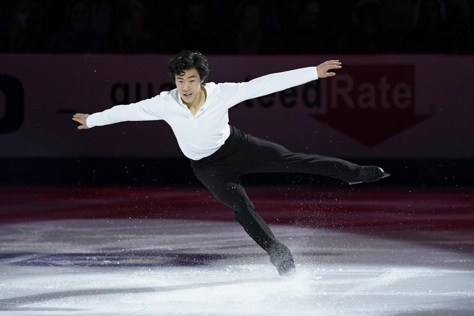 FILE - In this Jan. 17, 2021, file photo, Nathan Chen performs during the skating spectacular at the U.S. Figure Skating Championships in Las Vegas. Since his disappointing sixth-place finish at the Pyeongchang Olympics, the 22-year-old Chen has won three world titles, the last three of his five U.S. championships, and the two most recent Grand Prix finals. He enters Skate America this weekend as the overwhelming favorite to win his fifth consecutive gold medal. (AP Photo/John Locher, File)