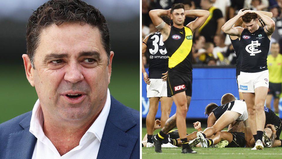 Garry Lyon is pictured left, with Richmond and Carlton players reacting to their round one draw on the right.